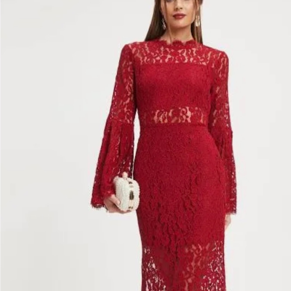 Lace crochet long sleeve red dress